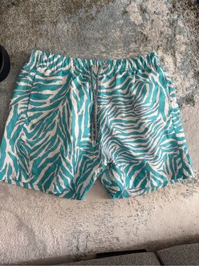 Men's Turquoise Zebra-Print Swim Board Shorts with Drawstring